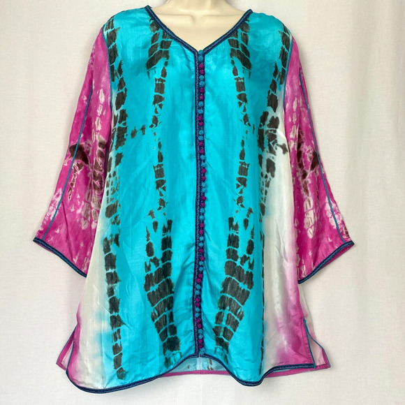 Soft Surroundings Silk Tunic Top Large Women Tie Dye Curacao Oversize Flowy Boho - Picture 1 of 13
